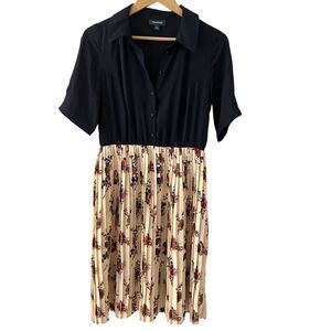 Modcloth Navy Blue Button Top Floral Pleated Polyester‎ Midi Skirt Dress Size M